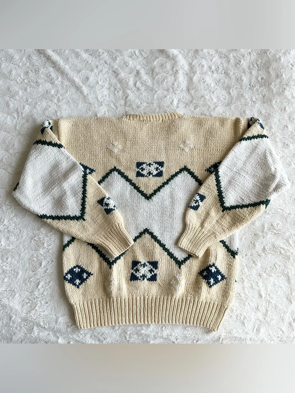 Vintage Claiborne Pullover Sweater Mens Medium Cream Geometric Grandpa 90s Heavy